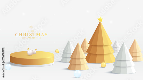 3D Golden podium with minimal christmas trees, golden ornaments and festive lights. Perfect for holiday product display or advertising background