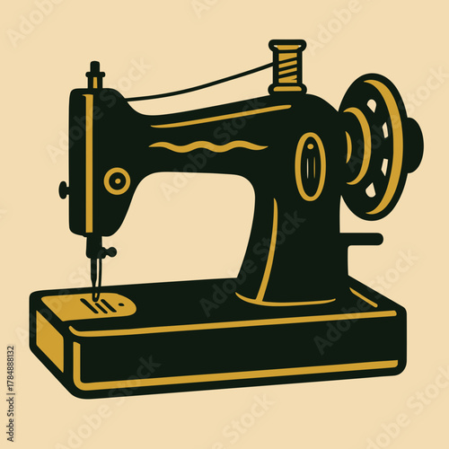 Vintage sewing machine illustration in black and gold highlighting classic craftsmanship