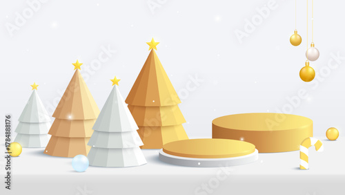 3D Golden podium with minimal christmas trees, golden ornaments and festive lights. Perfect for holiday product display or advertising background