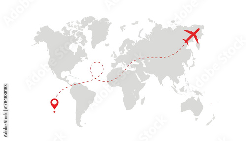 World map with airplane flight route and travel destinations marked