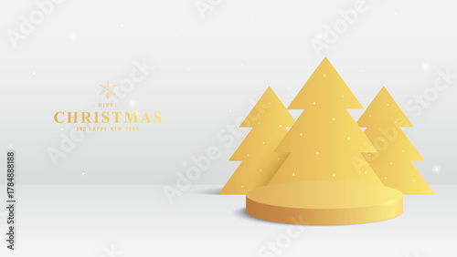 3D Golden podium with minimal christmas trees, golden ornaments and festive lights. Perfect for holiday product display or advertising background