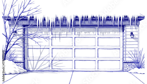 Vintage sketch with pen and blue ink of icicles on garage door  