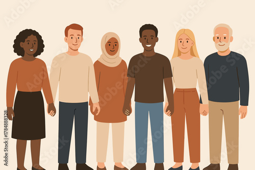 Diverse group of people holding hands symbolizing unity and inclusivity in warm illustration