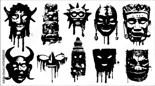 Collection of masks in black and white. Unique vector illustrations featuring diverse cultural designs in a decorative set.