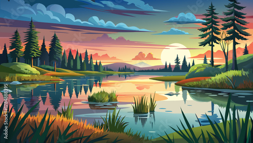 Very beautiful view from Seney National Wildlife Refuge in Michigan’s Upper Peninsula, featuring calm wetlands, reflective water pools, tall grasses, scattered pines, and a realistic serene northern 