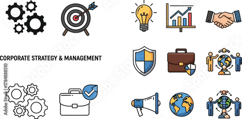 Diverse business icons representing strategy, success, teamwork, and global connection.