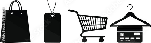 Black shopping bag, tag, cart, and credit card on hanger symbolize commerce and retail.