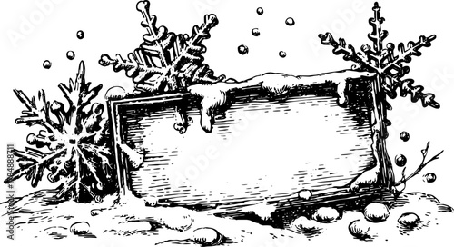 Engraving of a winter scene featuring snowflakes and a decorative frame. Vintage vector illustration, suitable for various graphic uses.