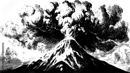Volcano eruption illustration with smoke clouds and mountain silhouette. Vintage engraving style vector set showcasing nature's force.