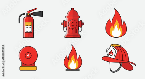 A collection of six fire safety and firefighting icons, including an extinguisher, hydrant, flame, hose, and helmet.