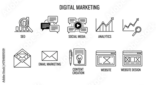 A collection of line art icons representing various digital marketing strategies and concepts, including SEO, social media, analytics, email marketing, content creation, and website design.