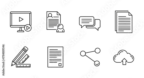 Set of icons representing digital content creation and sharing.