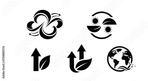 Black and white vector icons representing environmental concepts like clean air, solar energy, growth, and global sustainability.