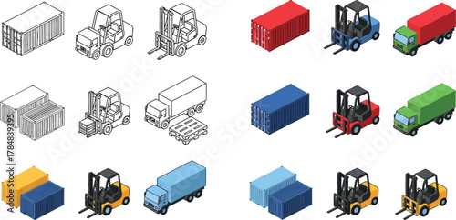 Isometric illustration of shipping containers, forklifts, and trucks in various colors and styles