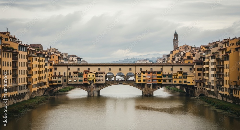 Naklejka premium Iconic Ponte Vecchio landmark in Florence Italy. Medieval cityscape with ancient architecture over the Arno River. European travel destination for tourism and cultural heritage