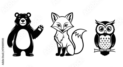 A set of three stylized black and white woodland animal illustrations: a friendly waving bear, a sitting fox, and an owl perched on a branch.