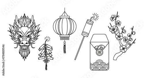 Chinese New Year line art: dragon, lantern, firecrackers, red envelope, plum blossom.