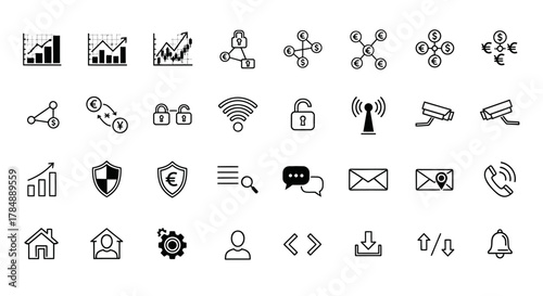 A comprehensive collection of black and white line icons depicting technology, business, and security concepts.