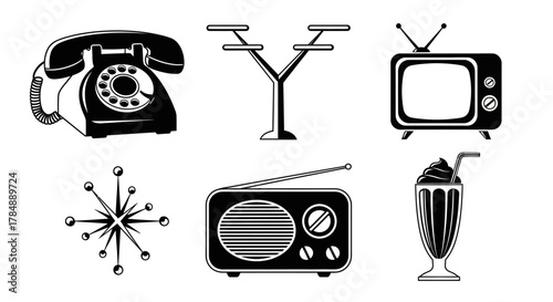 Retro icons: rotary phone, TV, radio, starburst, tiered stand, milkshake.