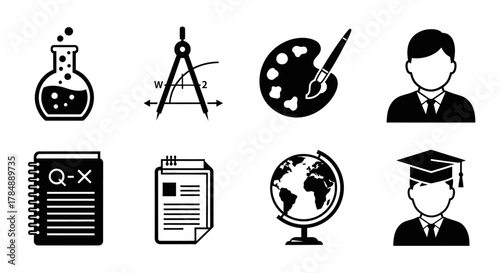 Collection of black and white education and academic subject icons including science, math, art, students, study, documents, globe, and graduation.