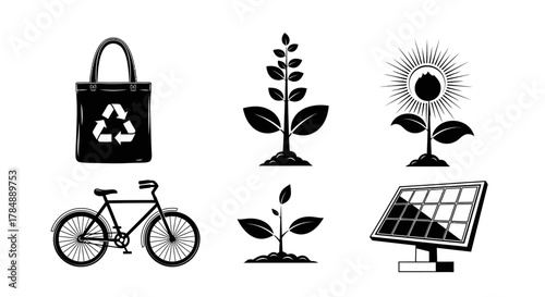 A collection of black and white icons representing environmental sustainability and eco-friendly practices.