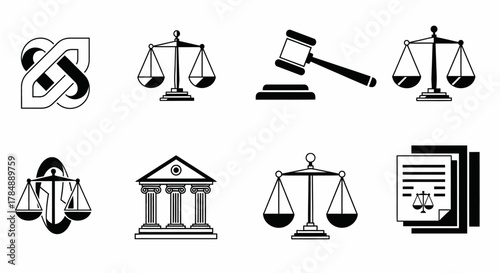 A collection of black and white icons representing law, justice, and legal concepts, including scales, gavels, and a courthouse.