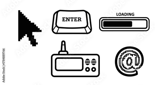 Collection of various icons including a cursor, enter key, loading bar, radio, and at symbol.