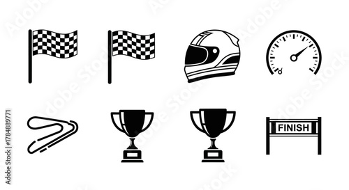 Set of black and white racing icons including checkered flags, helmet, speedometer, track, trophies, and finish line.