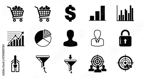 A collection of black and white vector icons representing business, finance, marketing, and data analysis.