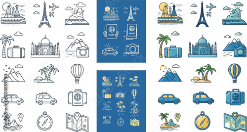 Colorful travel icons showcasing iconic landmarks, transportation, and adventure essentials for a global journey.