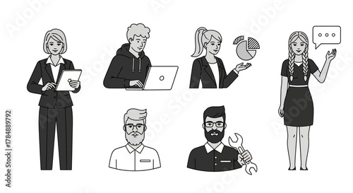 A collection of diverse professional individuals depicted in a grayscale illustration, showcasing various roles and activities.