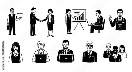 Set of black and white vector icons showing business people in various corporate situations like meetings, presentations, and working on laptops.
