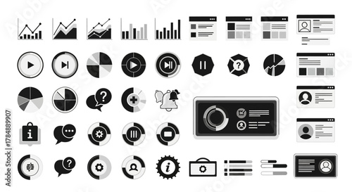 A comprehensive collection of black and white icons representing various business and technology concepts, including charts, graphs, media controls, user profiles, and informational elements.