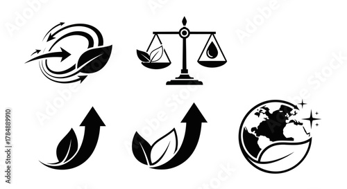 A collection of five black and white icons representing environmental sustainability, eco-friendly growth, global protection, and ecological balance concepts.