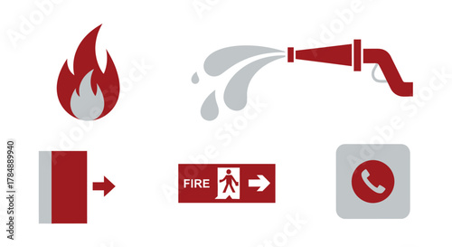 A collection of essential fire safety and emergency evacuation vector icons, including flame, hose, exit, and phone symbols.
