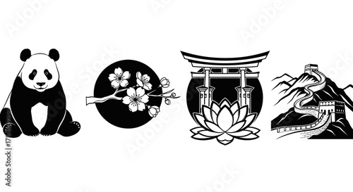 A collection of four black and white icons representing East Asian culture: a panda, cherry blossoms, a torii gate with a lotus, and the Great Wall of China.