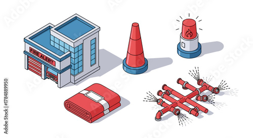 Isometric illustration of fire station equipment including a building, cones, a blanket, a sprinkler system, and an alarm light.