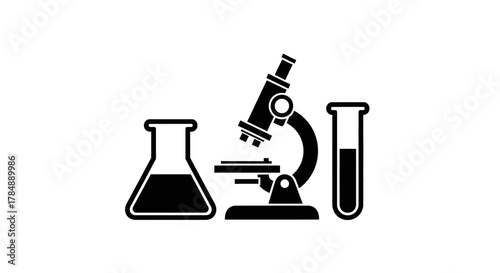 A black and white illustration of a microscope, a flask, and a test tube, representing science and research.