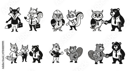 A set of monochrome cartoon animal characters dressed in professional business attire.