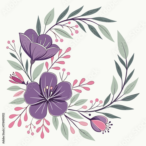 Delicate floral wreath illustration with purple flowers and green leaves, a beautiful and elegant botanical design perfect for invitations and decorations