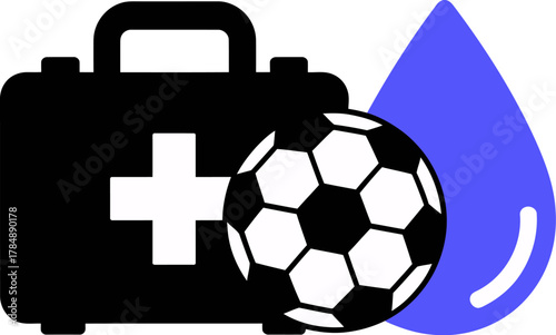 Graphic illustration of soccer first aid kit and hydration representing athletic safety and health for sports related injuries