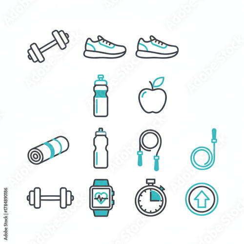 Fitness and sport concept illustration with a collection of line art icons for a healthy and active lifestyle