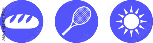 Icons of Daily Life Bread Tennis Racket and Shining Sun Set on Blue Circles