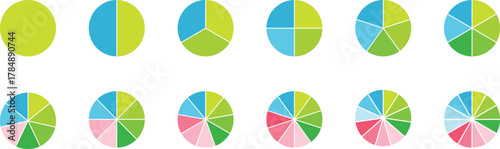 Pie charts diagram set.  Different color circles isolated. Circle section graph. Circle pie charts 1,2,3,4,5,6,7,8,9,10,11,12 sections.