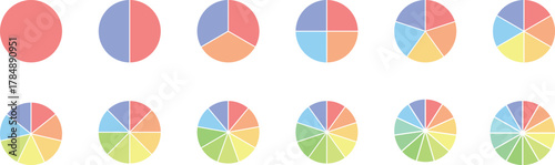 Pie charts diagram set.  Different color circles isolated. Circle section graph. Circle pie charts 1,2,3,4,5,6,7,8,9,10,11,12 sections.