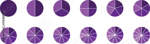 Pie charts diagram set.  Different color circles isolated. Circle section graph. Circle pie charts 1,2,3,4,5,6,7,8,9,10,11,12 sections.