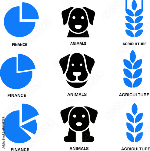 Infographic of Finance Animals and Agriculture Icons Presenting Business Investment Pets and Harvest Symbolism in Minimalist Design