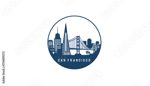 San Francisco cityscape logo with Golden Gate Bridge and skyscrapers in blue tones