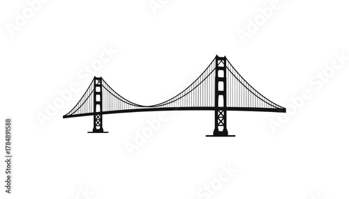 Line drawing of a suspension bridge with cables and towers on a white background
