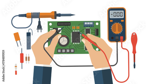 Illustration of hands assembling a circuit board with electronic tools and a multimeter on a white background.
